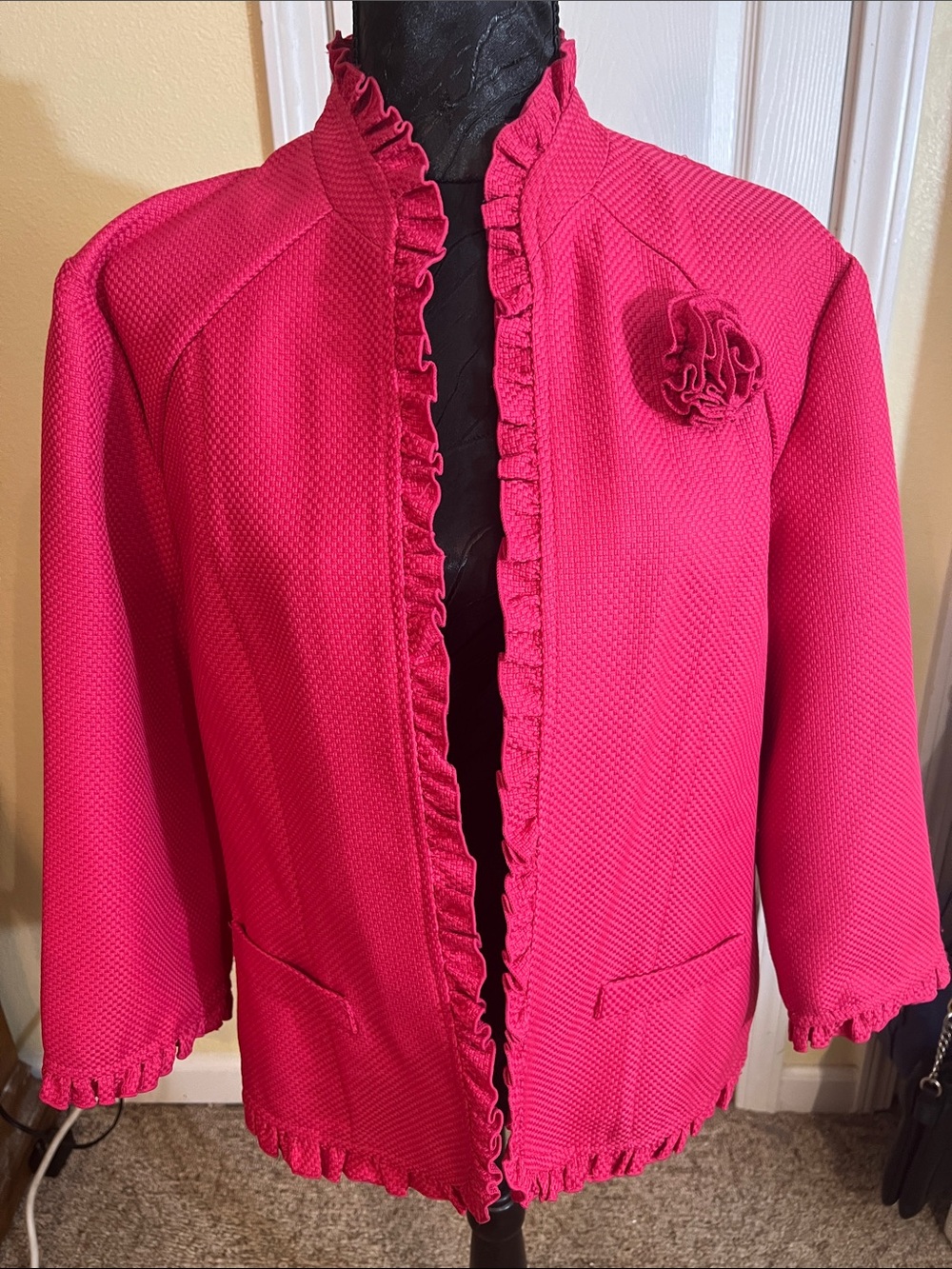 Perceptions Hot Pink Ruffle-Trim Open Jacket with Rosette